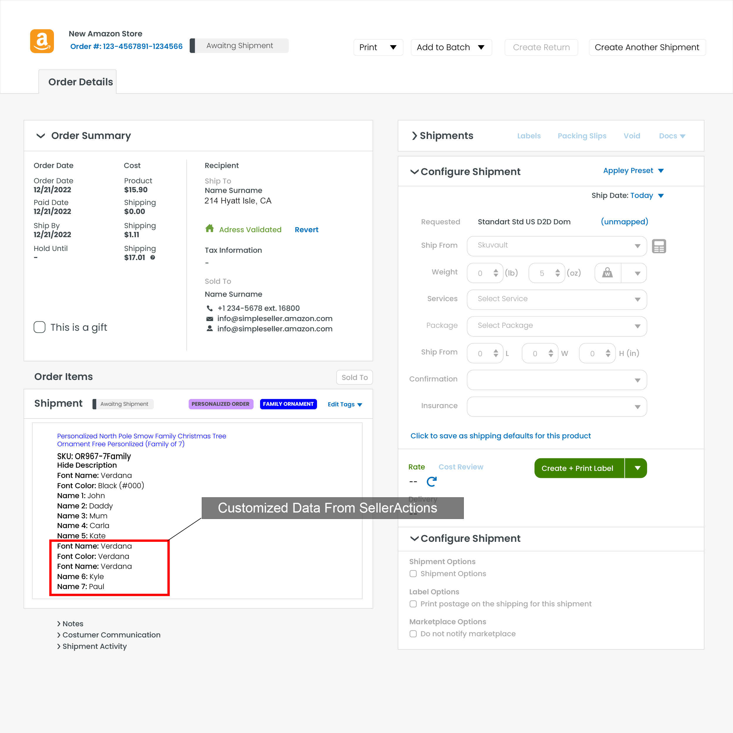 Customized Data From SellerActions synced into ShipStation order details